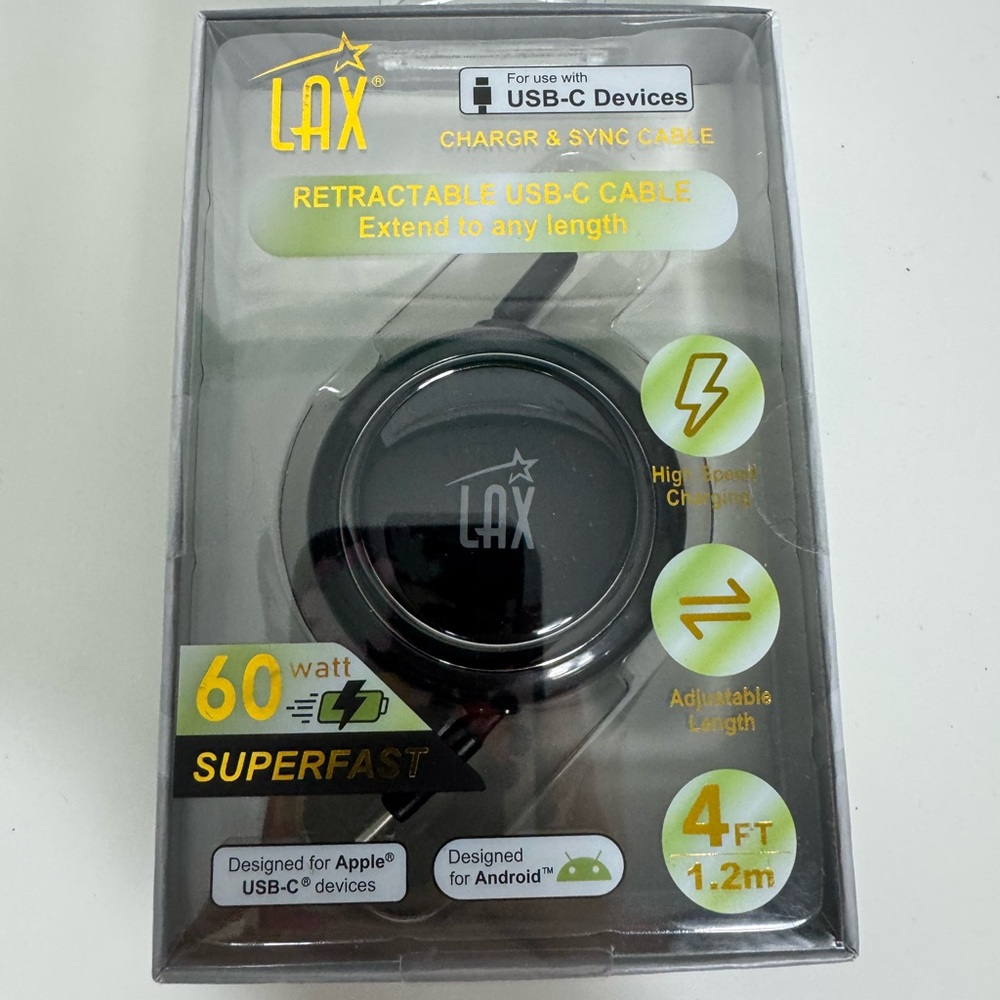 LAX Retractable USB-C Cable 4ft Apple Android High Speed 60W Super Fast Charge‎